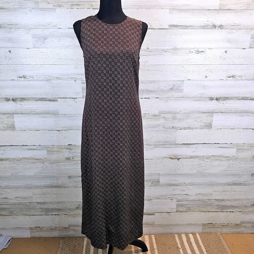 Vintage Old Navy 90s Chocolate Brown Print Midi Dress Sz 4 Rayon Sleeveless - Picture 3 of 16